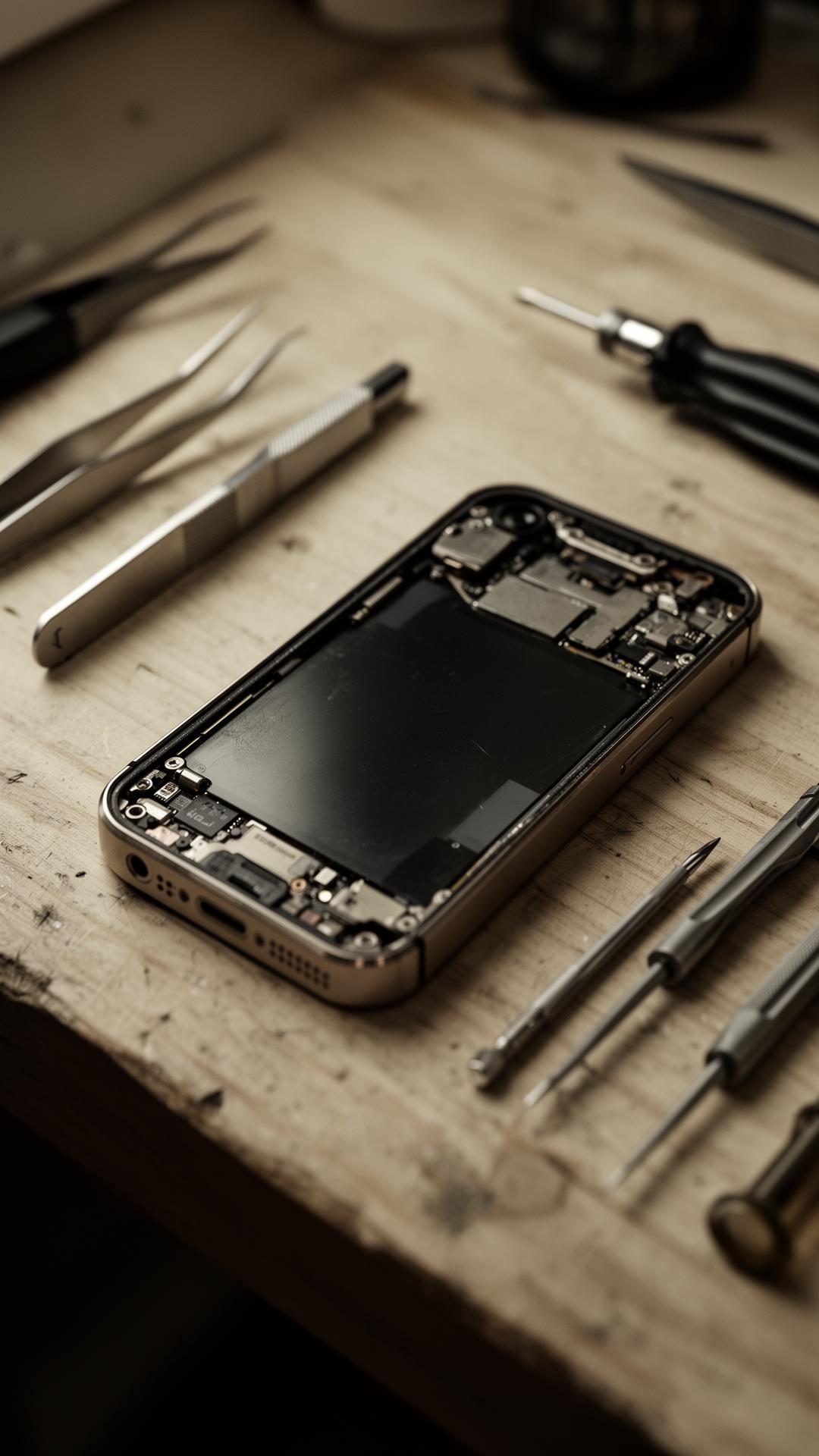 Smartphone démonté sur un établi avec outils de précision